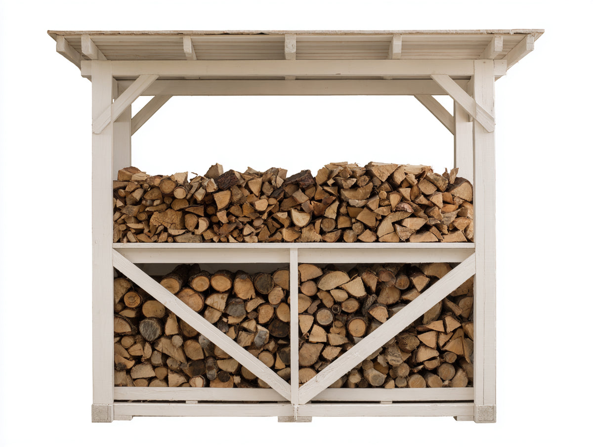 Leñero de exterior de madera 180 x 75 x 190 cm - blanco - diseño cubierto con almacenamiento en 2 niveles