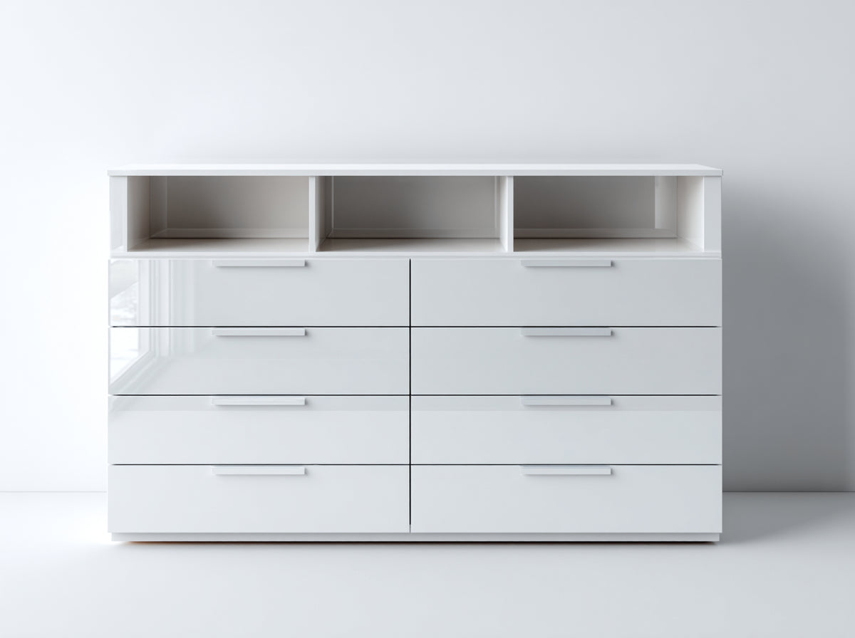 Cómodas de madera 160x45x100 cm - Blanco - 8 cajones y 3 compartimentos abiertos de diseño moderno