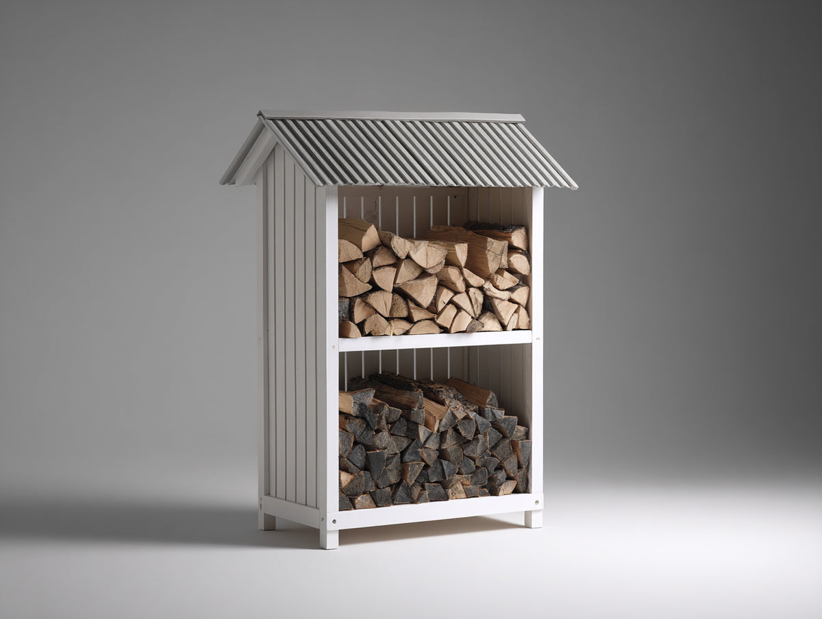 Leñero de exterior de madera 100 x 50 x 180 cm - blanco y gris - diseño vertical con techo a dos aguas y 2 niveles