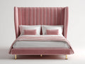 Camas dobles tapizadas en terciopelo 216x190x150 cm - rosa y dorado - cabecero alto acanalado con laterales envolventes