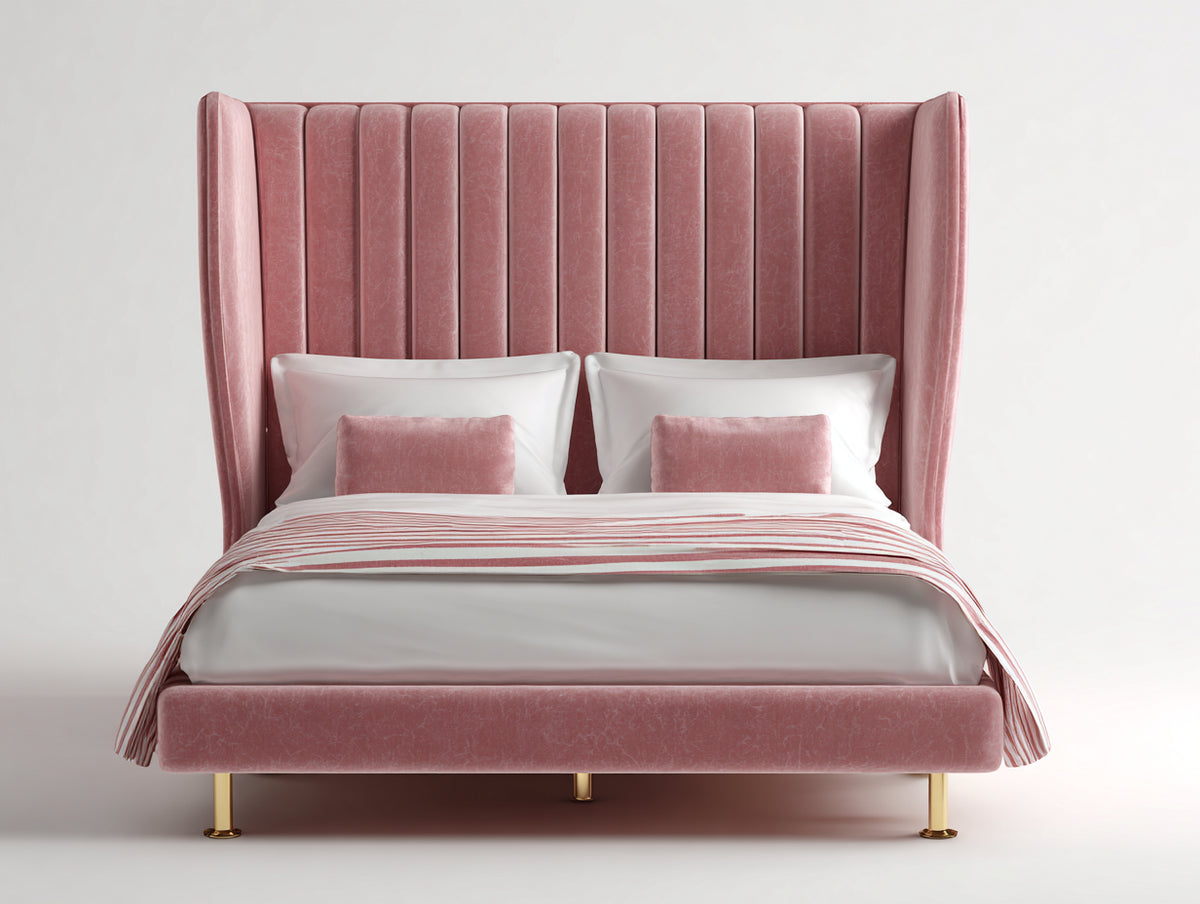 Camas dobles tapizadas en terciopelo 216x190x150 cm - rosa y dorado - cabecero alto acanalado con laterales envolventes
