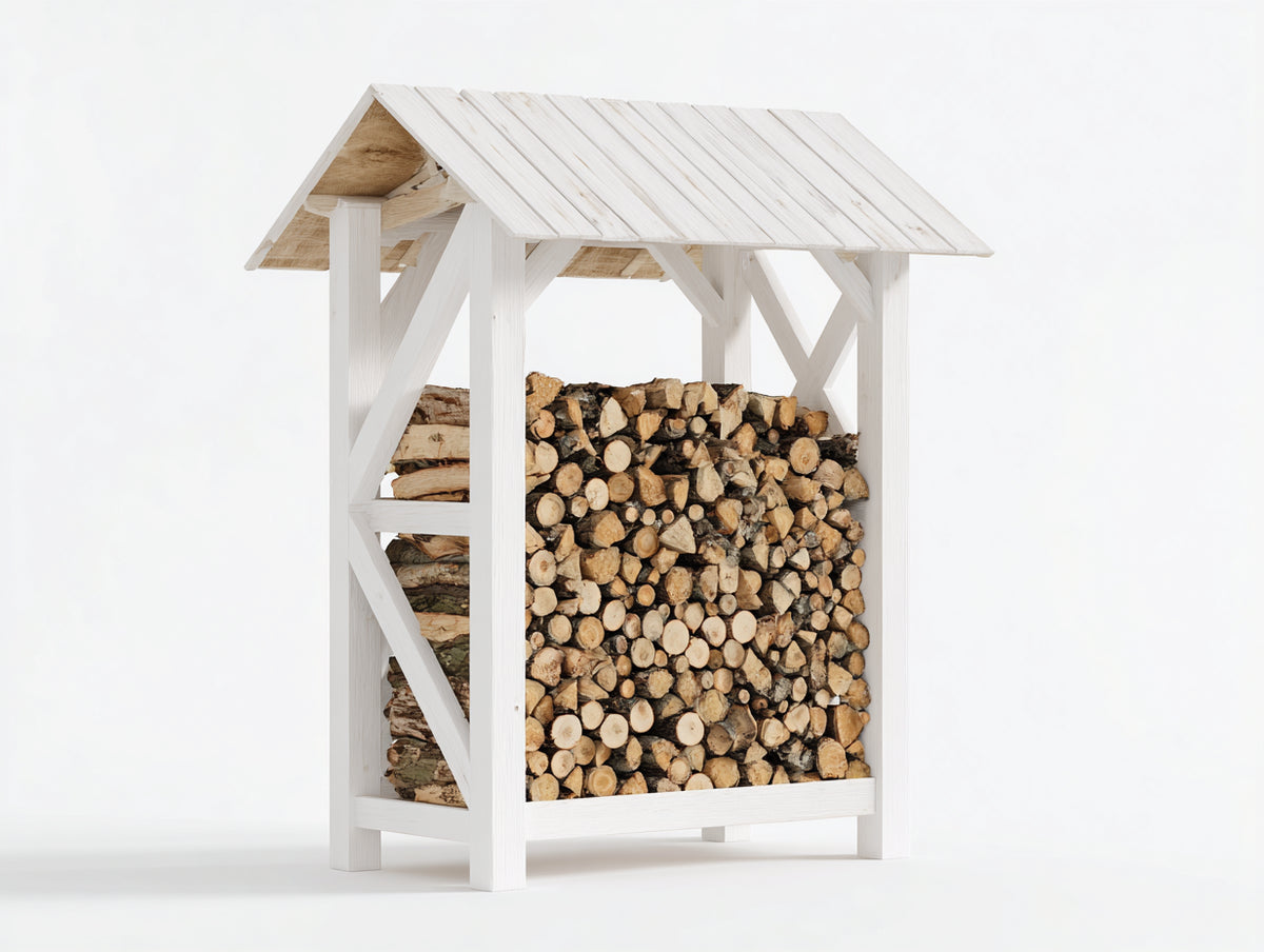 Leñero de exterior de madera 120 x 60 x 180 cm - blanco - diseño rústico con techo a dos aguas y estructura abierta