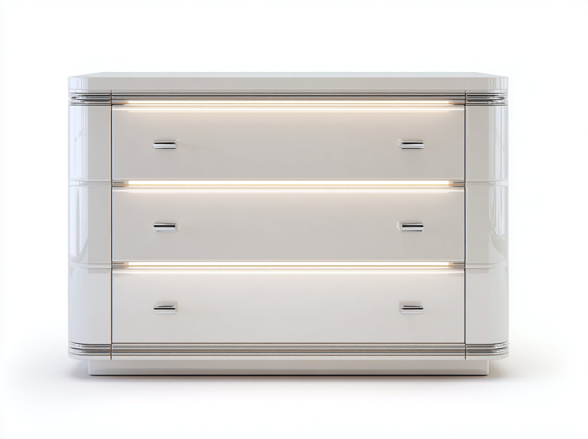 Cómodas de madera 140x45x100 cm - Blanco y plateado - 3 cajones con iluminación integrada y diseño moderno
