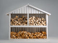 Leñero de exterior de madera 180x75x175 cm - blanco - 2 niveles con techo a dos aguas