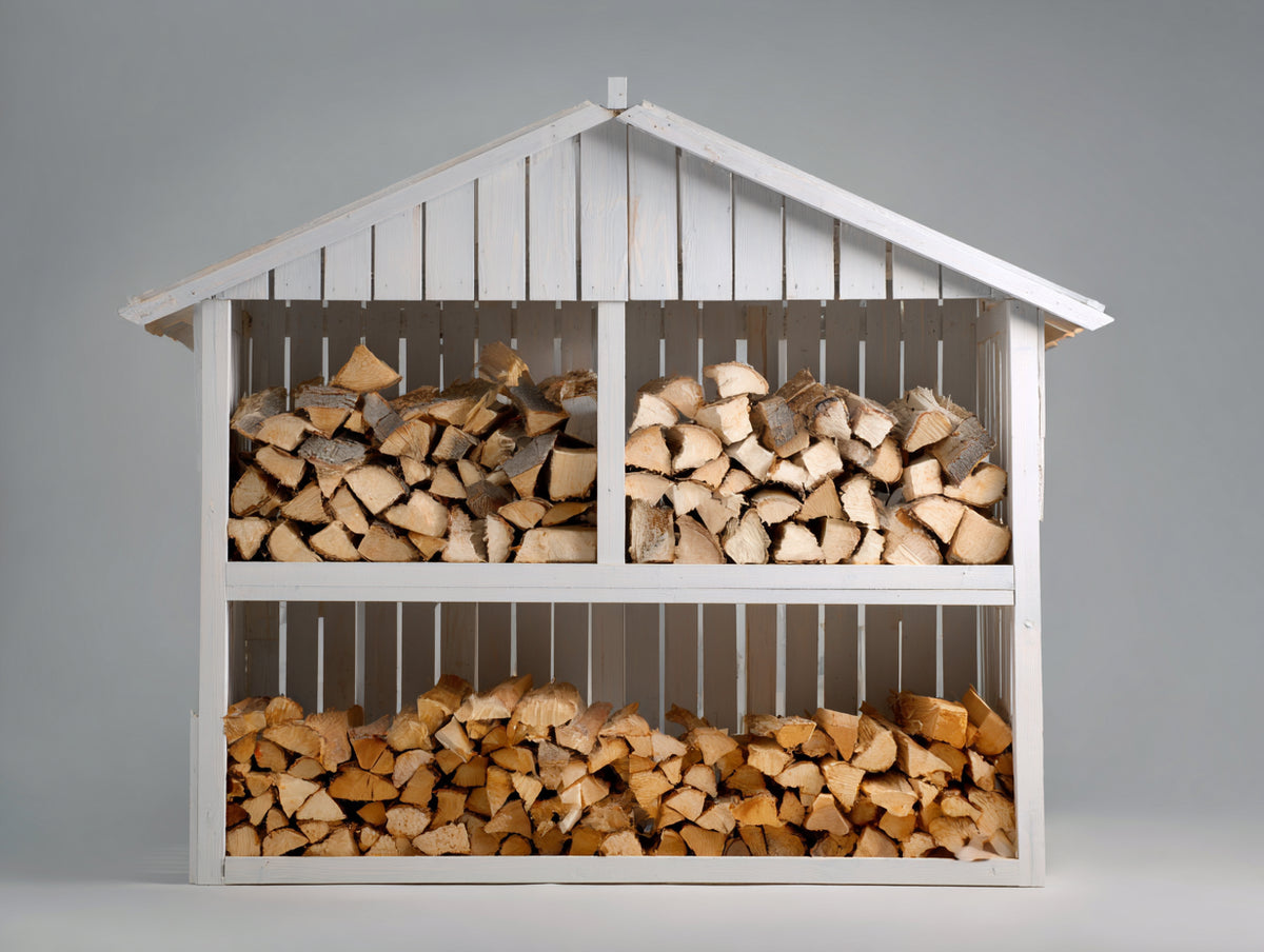 Leñero de exterior de madera 180x75x175 cm - blanco - 2 niveles con techo a dos aguas