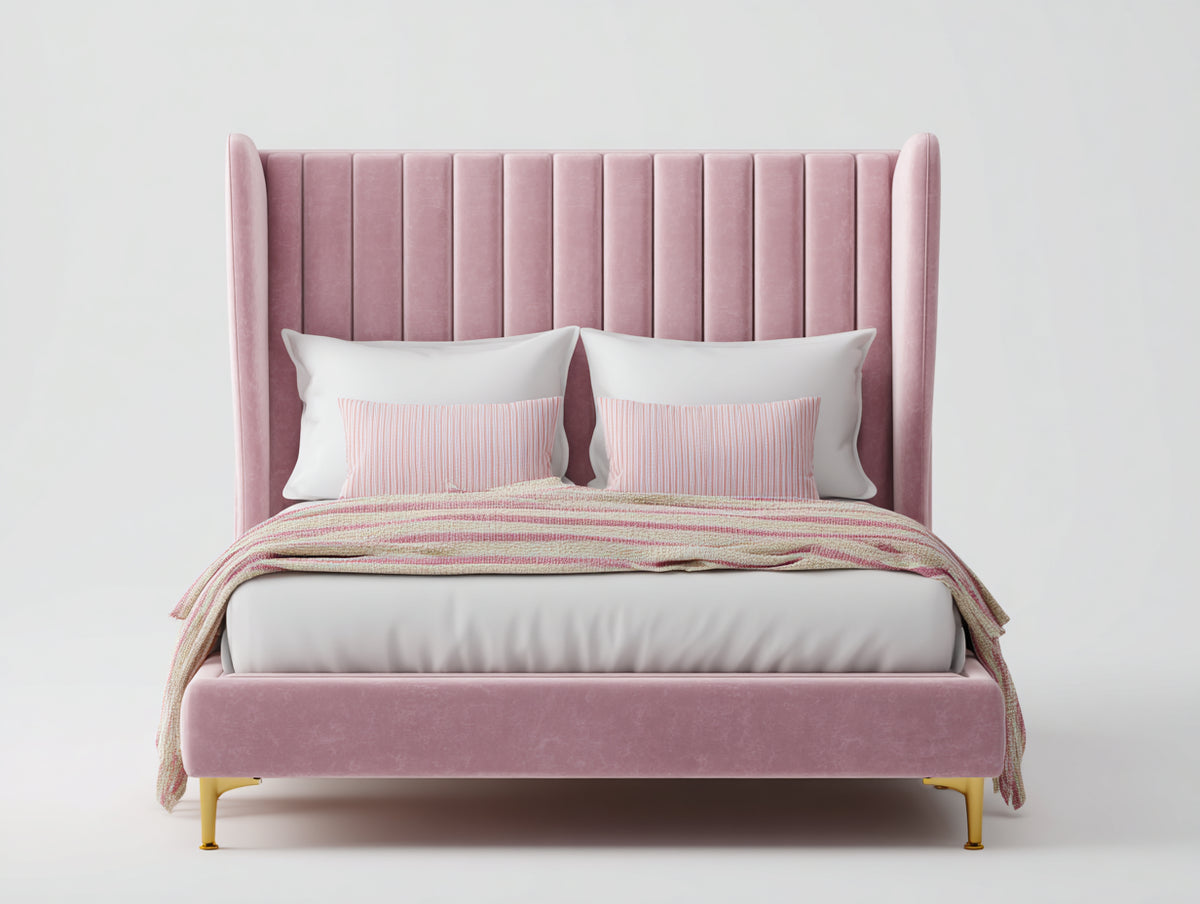 Camas dobles tapizadas 210x175x140 cm - Rosa - Cabecero alto acanalado con laterales envolventes