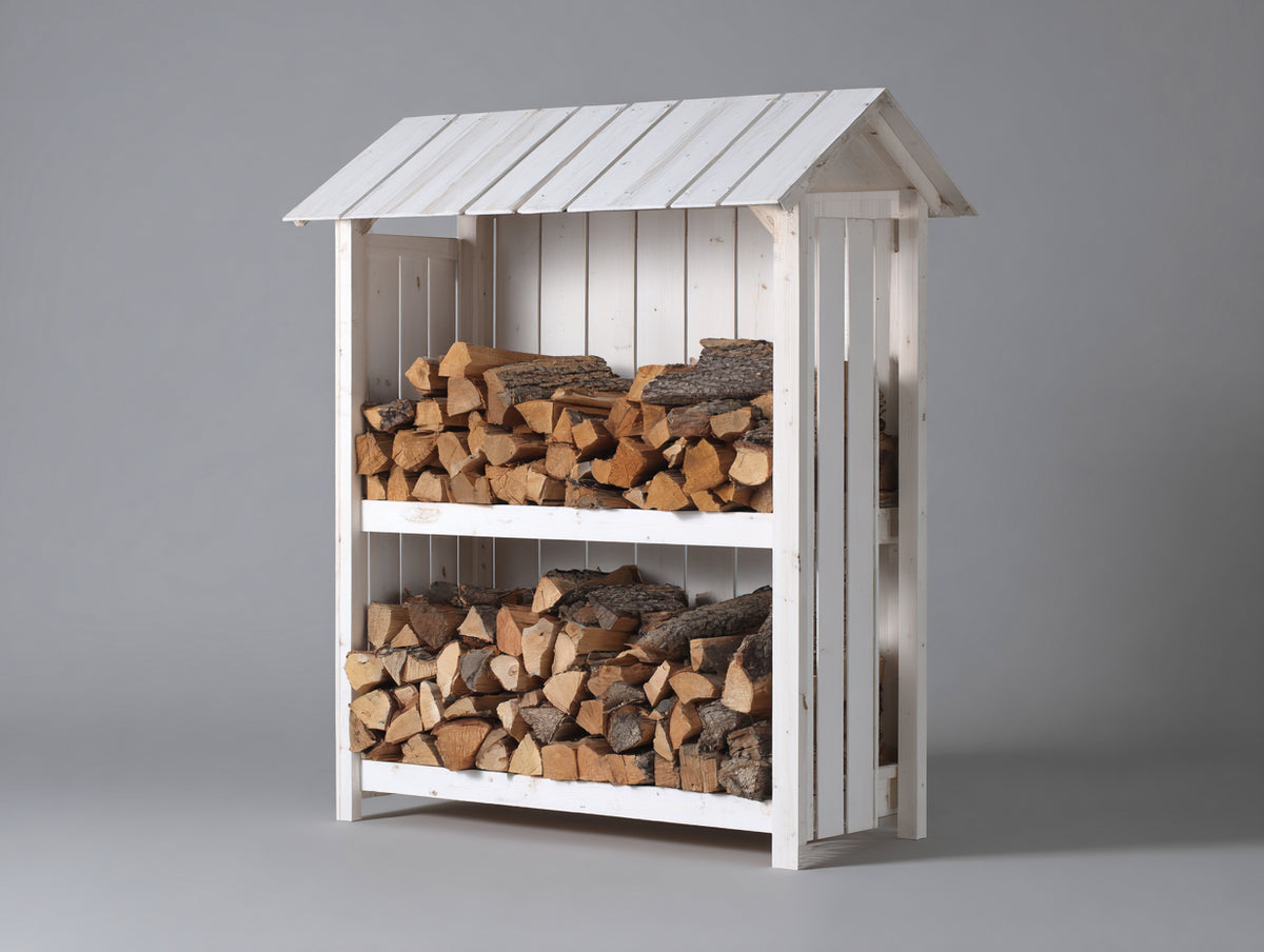Leñero de exterior de madera 135 x 70 x 190 cm - blanco - diseño cubierto con almacenamiento en 2 niveles