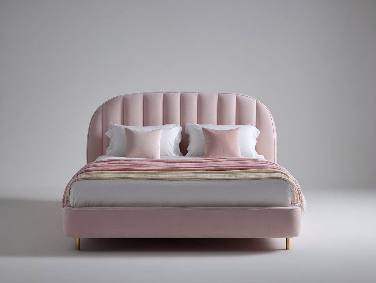 Camas dobles tapizadas 210 x 170 x 118 cm - rosa - diseño moderno con cabecero acanalado curvo