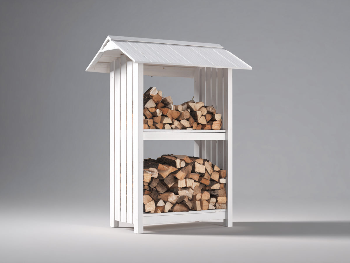 Leñero de exterior de madera 100x65x165 cm - blanco - 2 niveles con techo a dos aguas