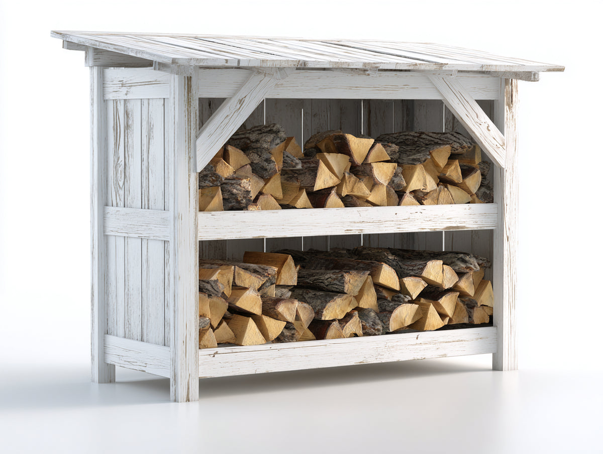 Leñero de exterior de madera 150x60x150 cm - Blanco envejecido - 2 niveles con techo inclinado de estilo rústico