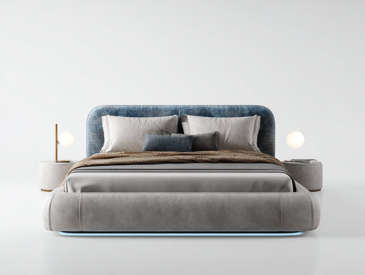 Camas dobles tapizadas 220 x 200 x 110 cm - gris y azul - diseño moderno con cabecero acolchado