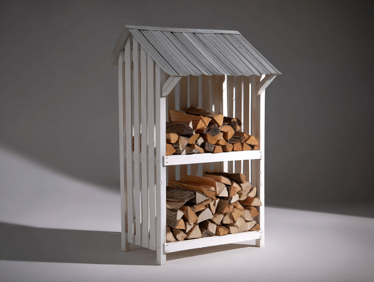 Leñero de exterior de madera 90 x 45 x 180 cm - blanco y gris - diseño vertical con techo inclinado y 2 niveles de almacenamiento