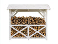 Leñero de exterior de madera 150x60x155 cm - Blanco - Estructura abierta con techo inclinado y refuerzos cruzados