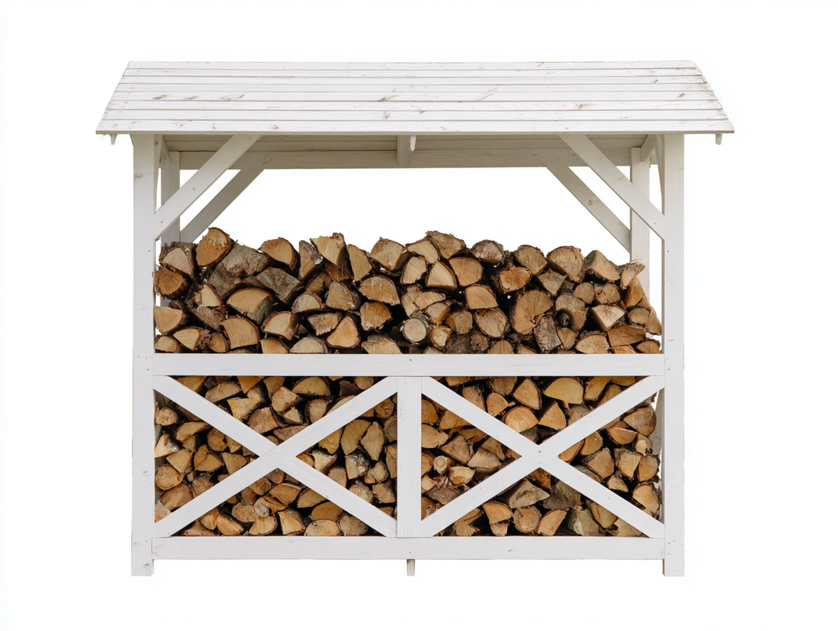 Leñero de exterior de madera 150x60x155 cm - Blanco - Estructura abierta con techo inclinado y refuerzos cruzados
